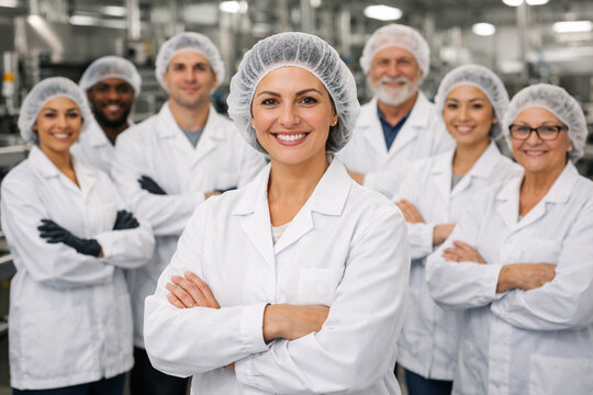 Female production manager leads diverse food manufacturing team in modern processing facility, showcasing food safety, quality control, production expertise and industrial teamwork.