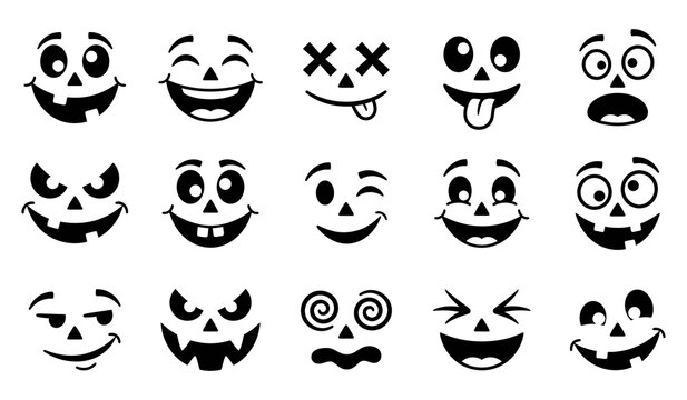 Collection of diverse and playful black and white cartoon jack o lantern face expressions for halloween designs