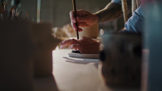 Woman potter bends clay roller with wooden stick in workshop