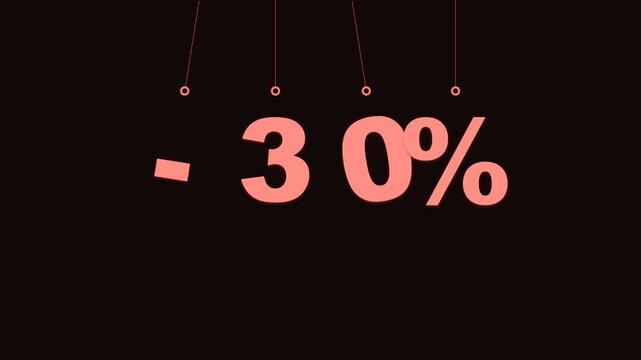 Hanging minus 30 percent discount text on black background
