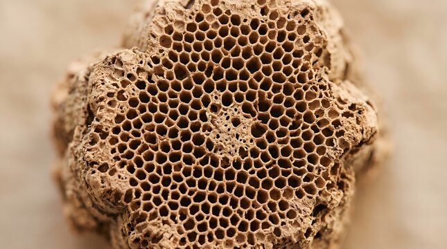 Macro close-up of a natural cork bark surface texture revealing an intricate honeycomb cellular structure and porous organic pattern.
