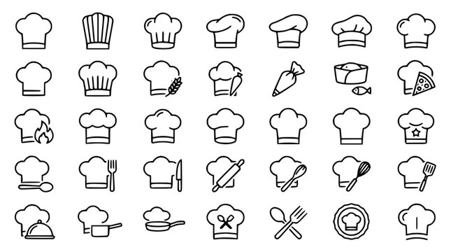 Chef hat and restaurant cooking line icon set featuring bakery toques culinary tools rolling pins whisks and kitchen utensils isolated vector