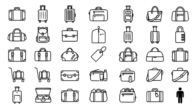  Travel luggage and baggage line icon set featuring wheeled suitcases backpacks briefcases duffel bags luggage tags and airport trolleys isolated vector
