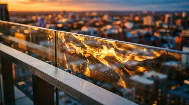 A stunning sunset view from a rooftop terrace, with the city skyline in the background and the sun setting behind it. 