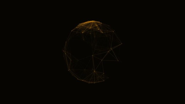 Rotating golden wireframe plexus sphere on black background