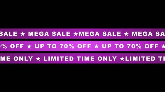Purple mega sale ticker tape animation on black background