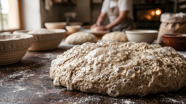 Macro close-up of yeast bubbles expanding and fermenting on a ball of bread dough in a rustic artisan bakery kitchen.