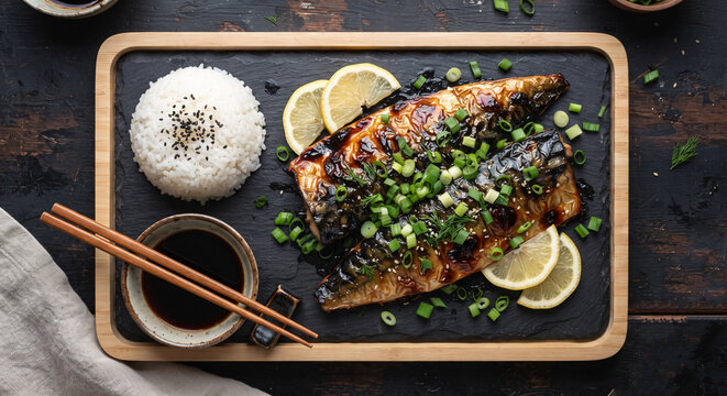 Flat lay of Japanese grilled mackerel saba shioyaki served with rice bowl and soy sauce on black slate tray