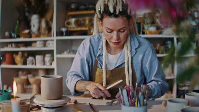 Focused woman potter makes semi-round cup handle from clay