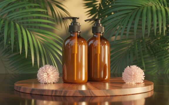 Two amber glass pump bottles for skincare products placed on a circular wooden tray, decorated with pink flowers and lush green palm leaves in a tropical spa setting