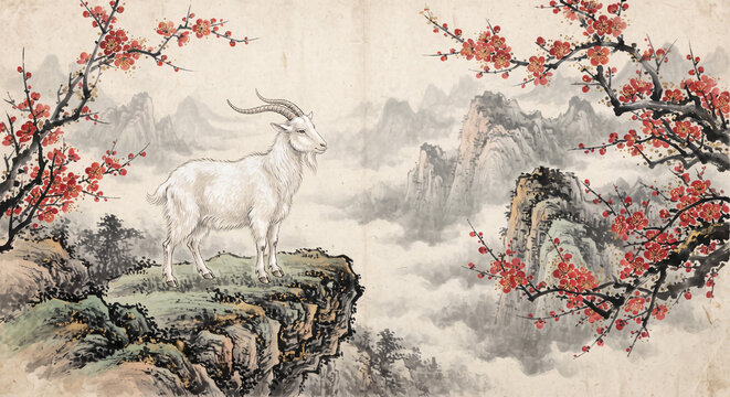 Traditional Chinese ink painting of a white goat standing on a mountain cliff surrounded by blooming plum blossom trees 