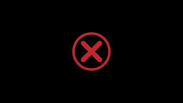 4K motion graphic of Blink red cross with alpha channel transparency. 2D cartoon animation of Red color cancel icon blinking, prohibition concept on black background.