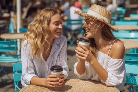 Two young women friends laughing and talking while drinking coffee at an outdoor cafe terrace on a sunny day wearing summer clothes and a straw hat in a relaxed mood