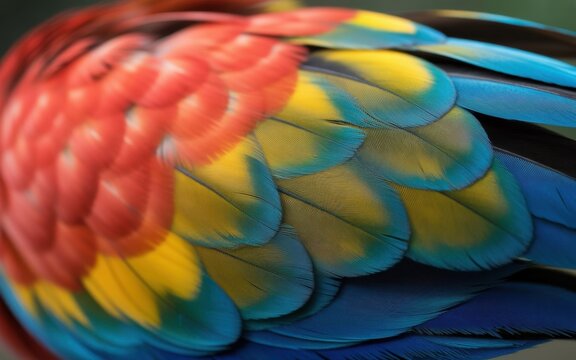 Vibrant macaw parrot feathers macro close up featuring red yellow and blue colors in a detailed natural texture pattern for wildlife backgrounds and artistic