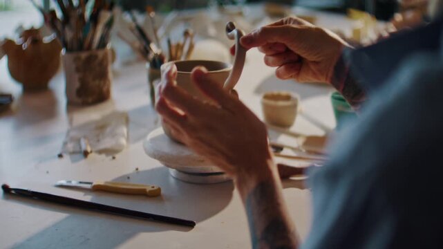Female potter hands fasten handle to clay cup in art workshop