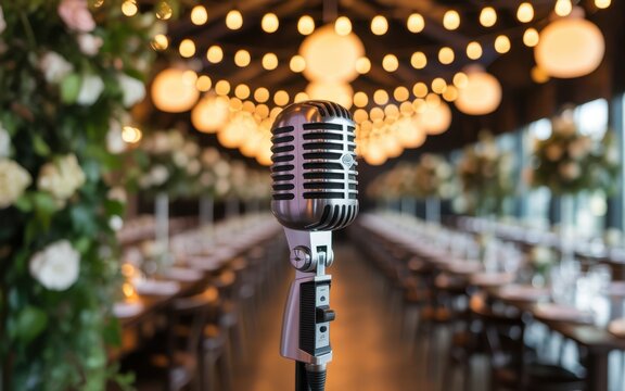 Vintage silver microphone standing on a stage in a blurred banquet hall decorated with warm hanging string lights and floral arrangements for a formal event or celebration