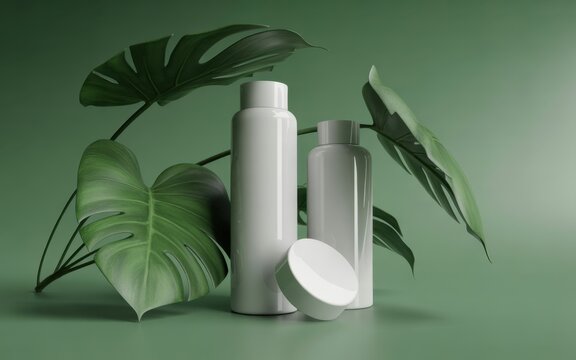 White cosmetic bottles and a jar arranged on a soft green surface, surrounded by large tropical monstera leaves, representing natural skincare and organic beauty products