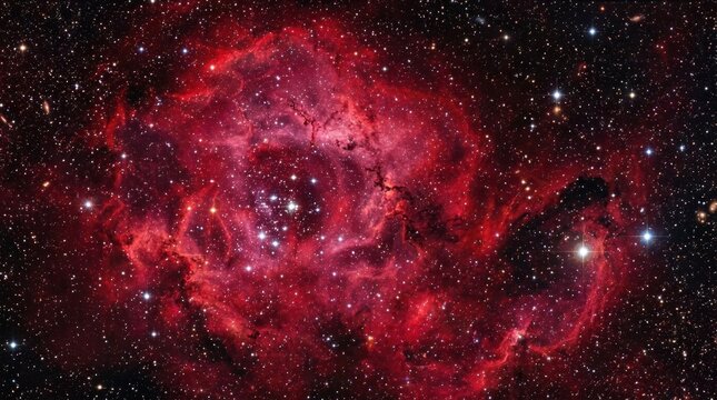 A vibrant red nebula with numerous stars and gas clouds, set against a dark backdrop with a few faint stars visible.