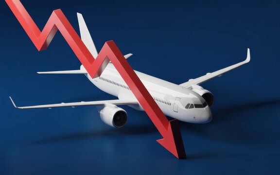 White passenger airplane model isolated on a dark blue background, with a large, red downward trending, financial graph arrow, symbolizing economic crisis, in aviation industry