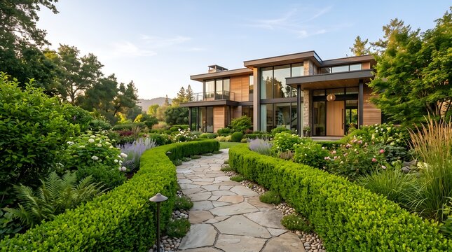 Modern luxury house exterior with stone path and lush garden landscape