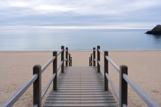 Wooden boardwalk stairs leading down to a serene sandy beach and calm ocean water under a cloudy sky, creating a peaceful coastal landscape with natural wooden textures