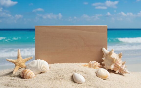 Wooden sign board placed in white beach sand with assorted sea shells and a starfish, featuring a blurred turquoise ocean and blue sky background, for summer travel themes