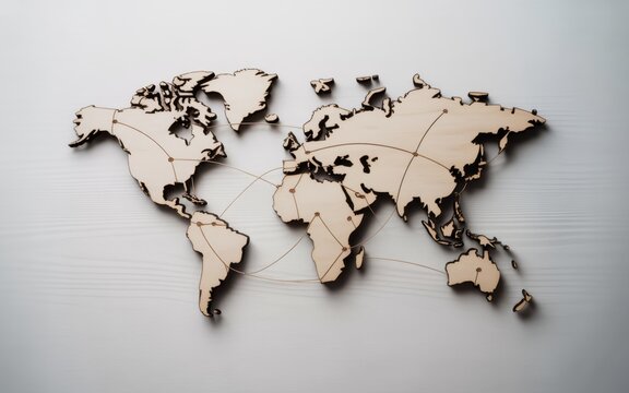 Wooden map wall with connected lines representing global logistics and international communication networks on a clean light grey background, for business concepts