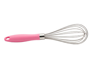 Obraz premium Stainless Steel Wire Whisk with Pink Handle Isolated on Black Background, Kitchen Egg Beater and Baking Tool for Cooking and Pastry Preparation