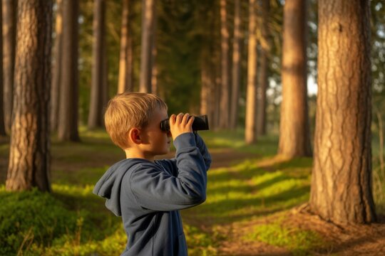 Young boy standing in a pine forest at sunset looking through black binoculars, curious child exploring nature, outdoor adventure, childhood discovery, golden hour light