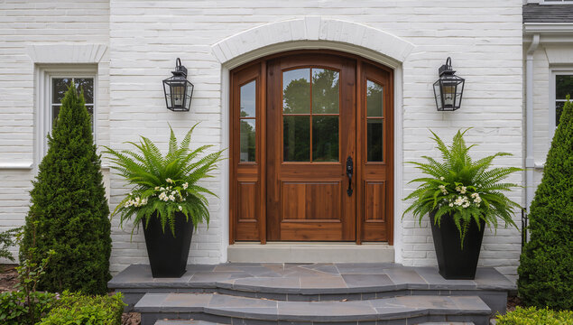 Elegant wooden front door with arched transom and flanking ferns
