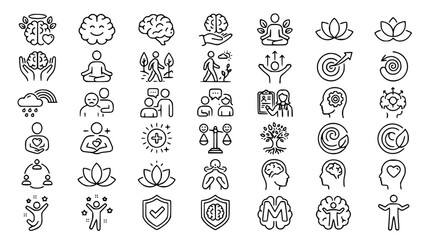 Mental health awareness and psychology line icon set featuring brain care meditation yoga lotus flowers and emotional balance symbols vector © AlviAhmed