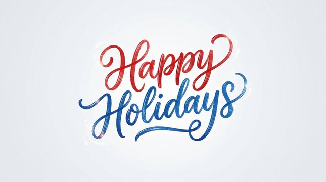 Hand-drawn Happy Holidays script in red and blue calligraphy, festive greeting card typography element on light background.