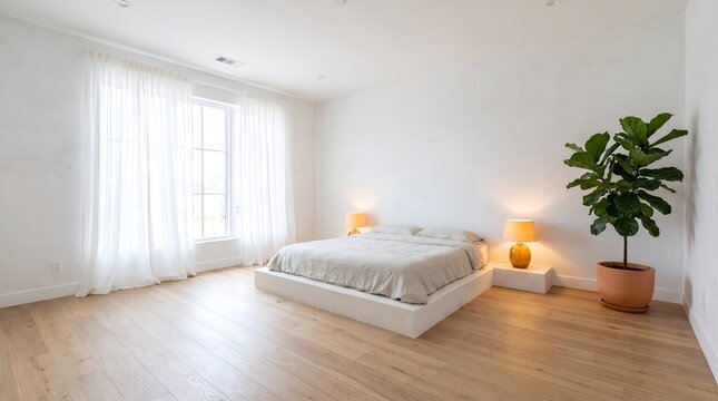 Serene bedroom with platform bed and indoor fiddle leaf fig