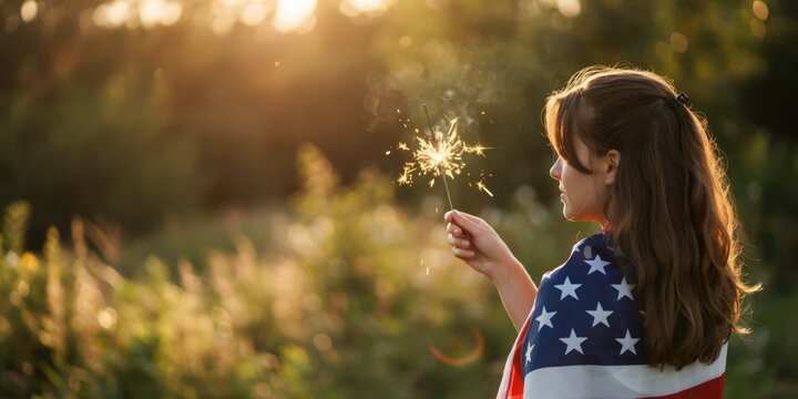 Young woman holding a glowing sparkler outdoors at sunset, wrapped in a united states flag, celebrating independence day with patriotic spirit and joyful summer vibes