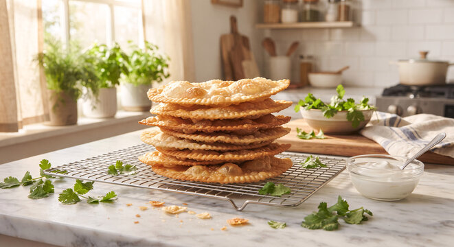 Stack of crispy fried chebureki on a cooling rack in a bright cozy kitchen interior 