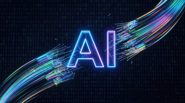 Artificial intelligence neon symbol with high speed fiber optic cables on binary code background for data technology concept