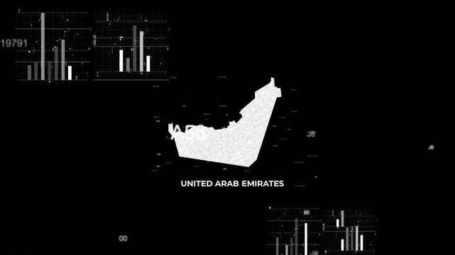 UAE map animation showcasing economy, infrastructure, technology, population, energy, trade, and national development data for presentations, films, documentaries, and motion graphics.