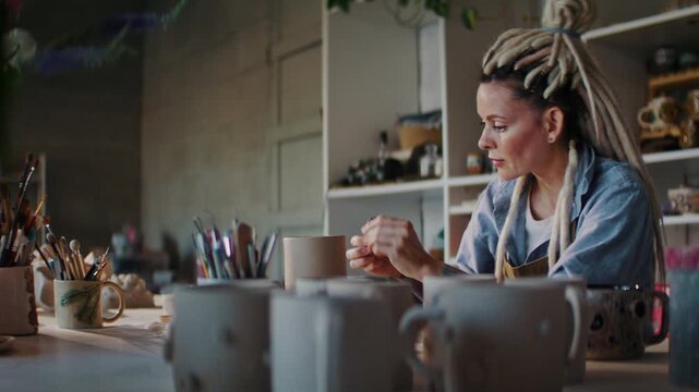 Young craftswoman checks mug of clay and chooses tool in shop