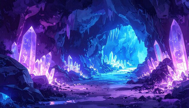 Underground Cave Tunnel with Glowing Crystals Watercolor RPG Illustration