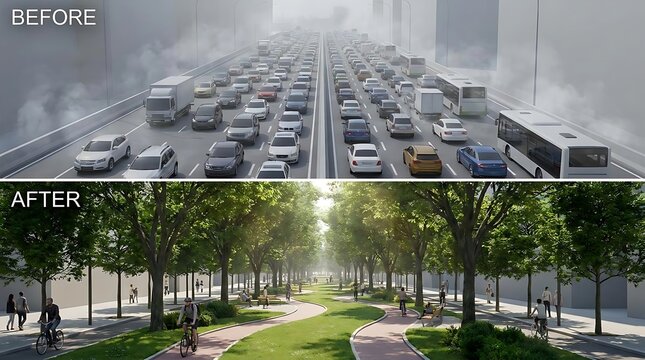 Transition from congested highway to urban green space.