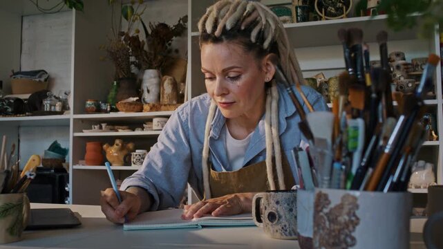 Woman ceramic master fills register among tools and clay items