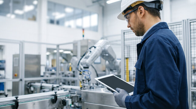 Industrial engineer inspects automated manufacturing equipment, reviewing diagnostic data to support machine performance, quality control, predictive maintenance and factory efficiency.