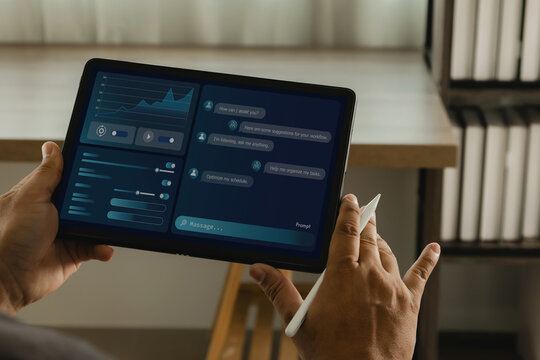 Hands hold a tablet displaying an AI assistant interface with chat messages and dashboard controls, using a stylus to manage tasks and support an AI assisted home office digital workflow.