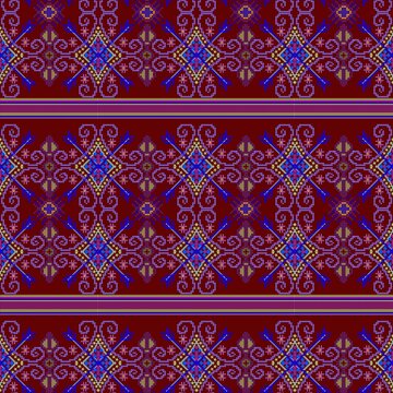 Seamless traditional Hmong ethnic geometric pixel art pattern on a burgundy red background.