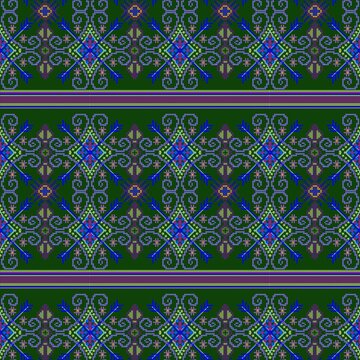 Seamless traditional Hmong ethnic geometric pixel art pattern on a burgundy red background.