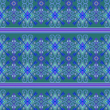 Seamless traditional Hmong ethnic geometric pixel art pattern on a dark green background.