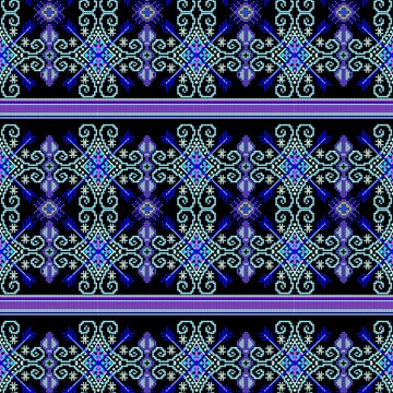 Seamless traditional Hmong ethnic geometric pixel art pattern on a black background.