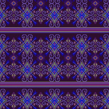 Seamless traditional Hmong ethnic geometric pixel art pattern on a dark purple background.