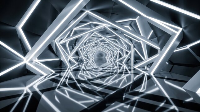A futuristic, geometrically designed tunnel with white and black neon lights, creating a mirrored effect, and a reflective floor.