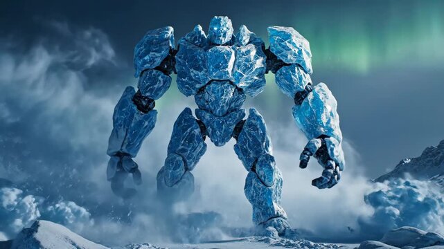 A large, blocky ice golem walks through snow and mist, illuminated by the aurora borealis.